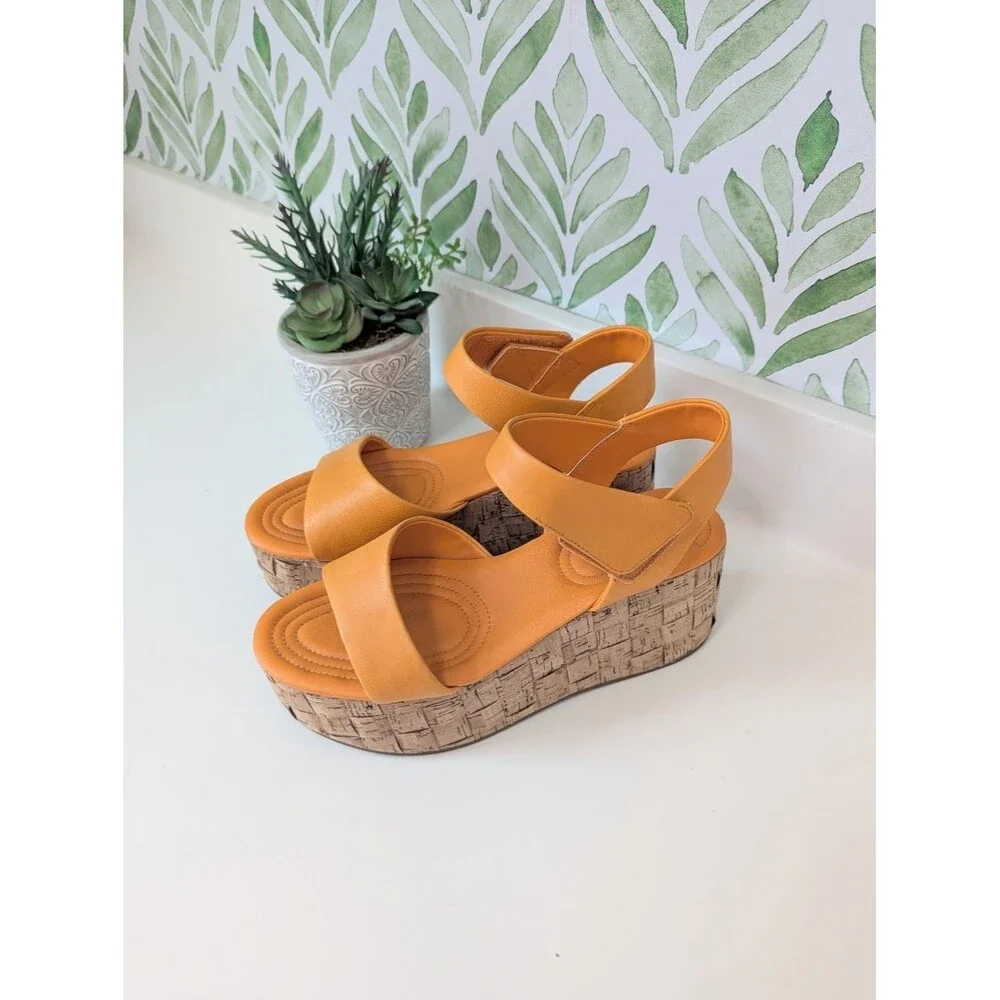 Sarto Women's Orange Cork Platform Sandals 8.5 Leather Upper Demi 2